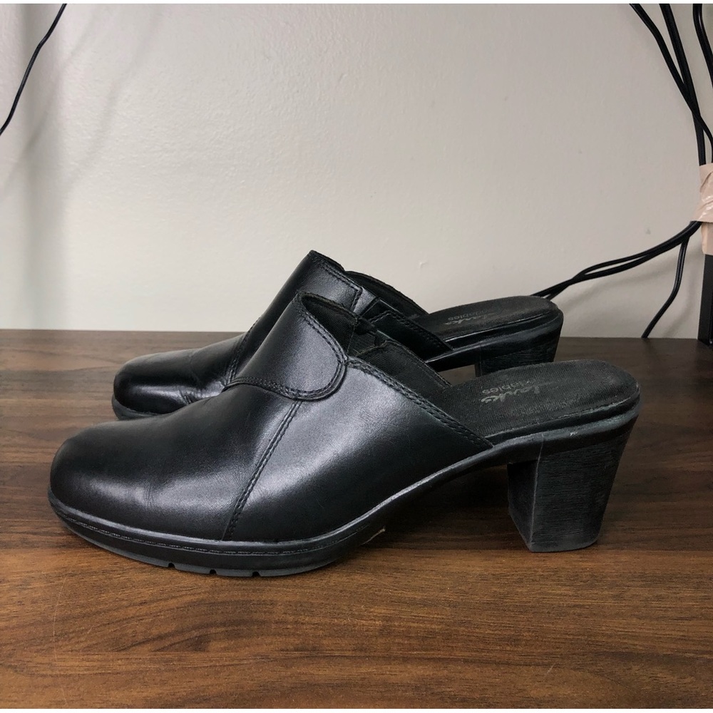 Clarks Black Leather Heel Mules Sz 8